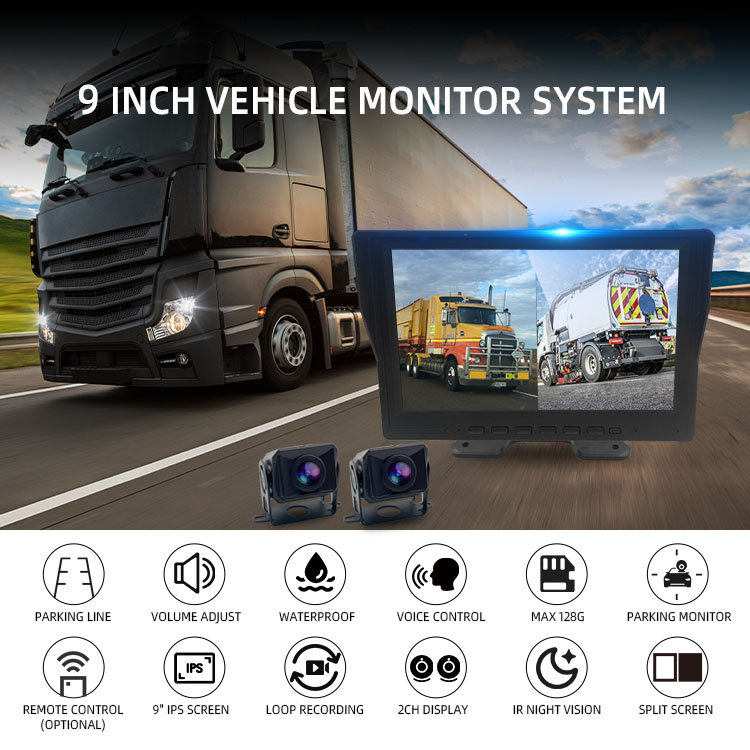 12V/24V 2 채널 트럭 전면 및 후면 카메라 9 인치 모니터 주차 라인